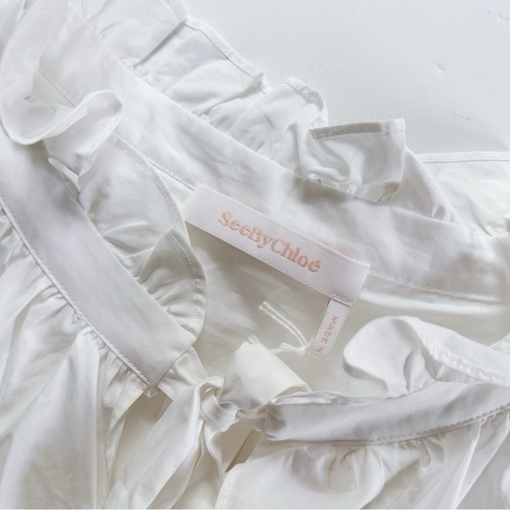 NEW See By Chloe Women’s White Cotton Poplin Short Sleeve Blouse Top Size 8 - Picture 6 of 9